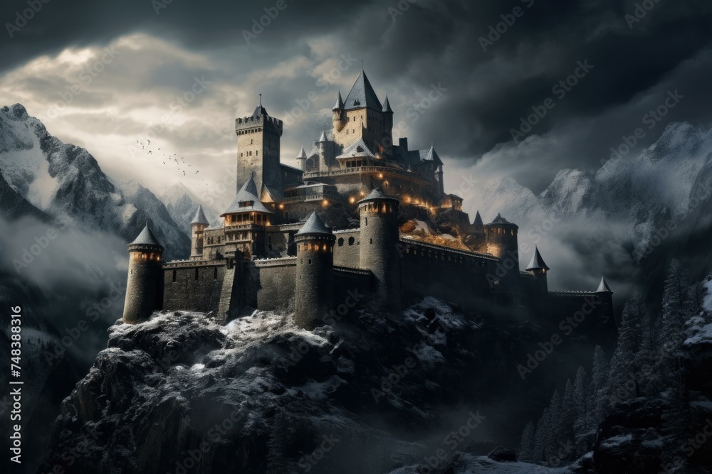 Fototapeta premium Stone-built Medieval castle europe. Tower landmark. Generate Ai