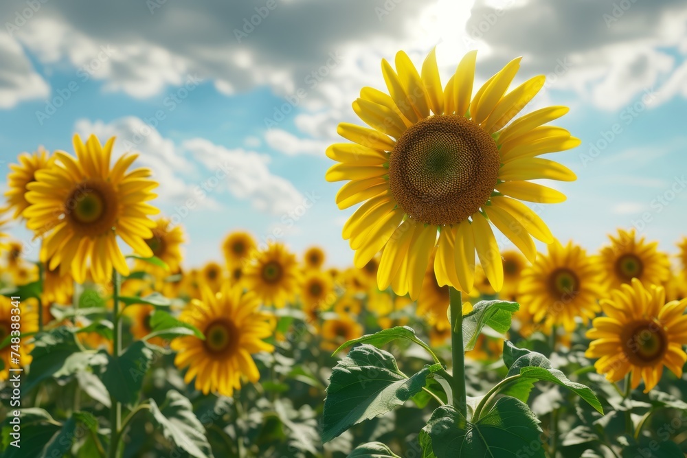 Bright and beautiful sunflower field in full bloom, creating a picturesque rural landscape
Bright and beautiful sunflower field in full bloom, creating a picturesque rural landscape