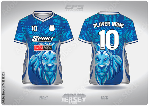 EPS jersey sports shirt vector.Lion blue and white pattern design, illustration, textile background for V-neck sports t-shirt, football jersey shirt.eps