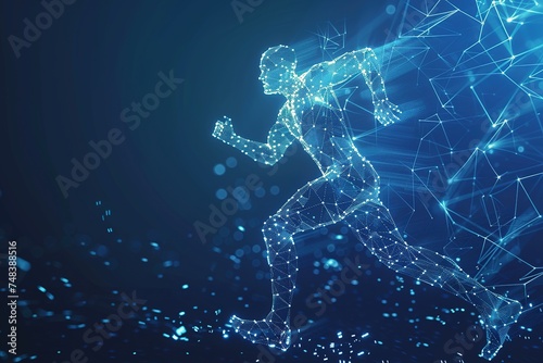 running man low poly wireframe on dark blue background concept running to the goal success determination technology business concept