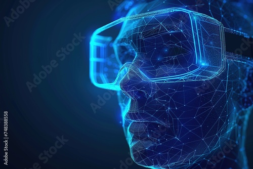 Close up of a man's face wearing VR glasses. low poly wireframe on blue background concept metaverse virtual world power of the internet, science, and the boundless nature of the mind in a world 