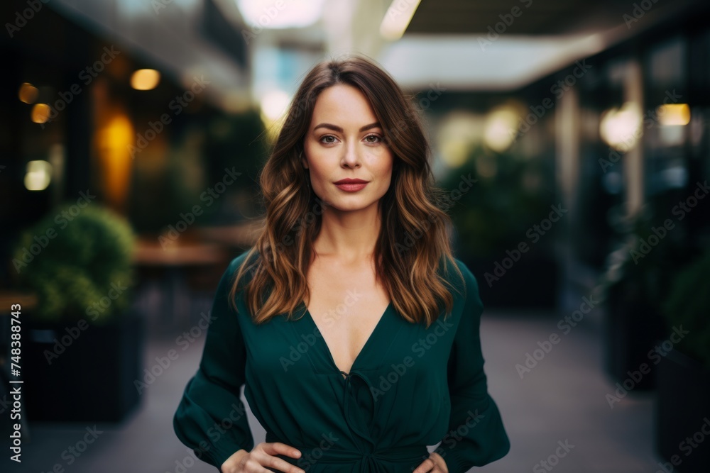 Portrait of a beautiful young business woman in a green dress. Portrait of a beautiful young business woman in a green dress.