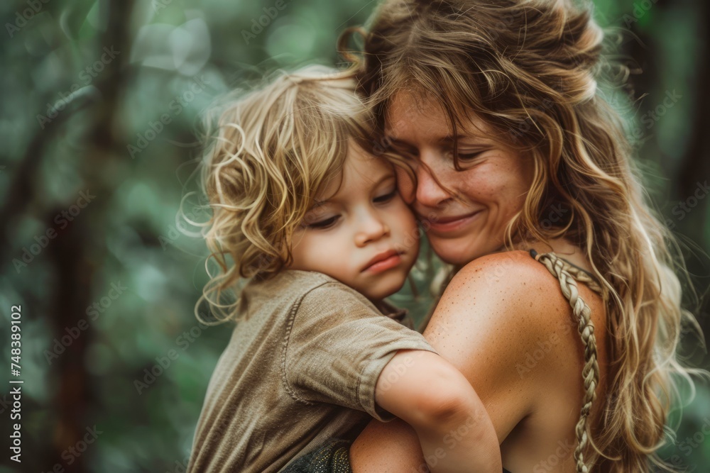 Tender Moment between Mother and Child in Natural Setting, Warm Embrace and Loving Care Outdoors Tender Moment between Mother and Child in Natural Setting, Warm Embrace and Loving Care Outdoors