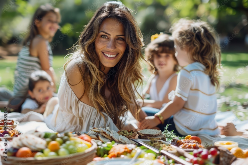 Happy Family Enjoying a Summer Picnic in Nature with a Variety of Healthy Food Choices Happy Family Enjoying a Summer Picnic in Nature with a Variety of Healthy Food Choices