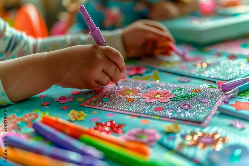 Child Engaging in Creative Arts and Crafts with Glitter and Colorful Markers for Fun Educational Activity at Home