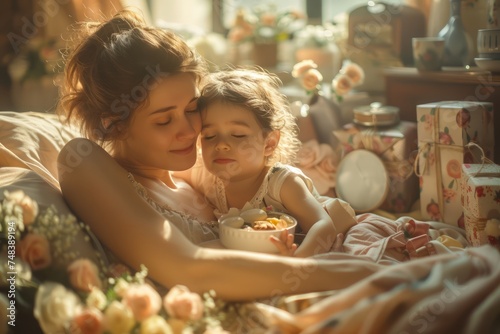 Tender Mother and Child Moment in Warm Sunlight, Embracing in a Cozy Room Surrounded by Flowers and Gifts