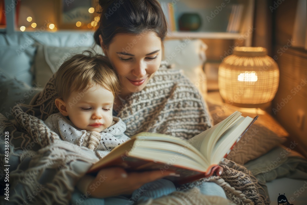Obraz premium Warm and Cozy Evening at Home with a Young Mother Reading a Storybook to Her Toddler