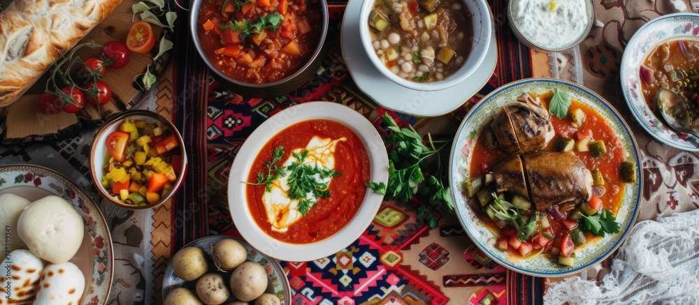A table is covered with a wide variety of dishes, including Ukrainian borsch, creamy chicken soup, and grilled vegetables. The spread offers a balanced diet with colorful and flavorful options for a A table is covered with a wide variety of dishes, including Ukrainian borsch, creamy chicken soup, and grilled vegetables. The spread offers a balanced diet with colorful and flavorful options for a