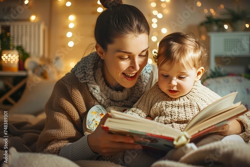 Smiling Mother Enjoying Quality Time Reading a Book to Her Adorable Baby in a Cozy Room with Warm Lights photo