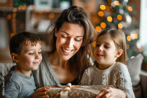 Happy Family Celebrating Holiday Season with Loving Mother and Children Opening a Gift Near Decorated Christmas Tree