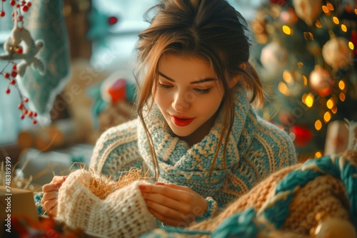 Young Woman in Cozy Knitwear Enjoying Warmth and Glow of Festive Fairy Lights During Holiday Season photo