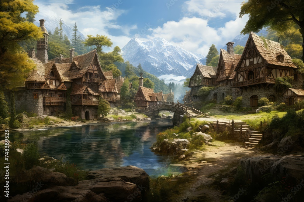 Naklejka premium Picturesque Nature landscape village. Sunset farm. Generate Ai