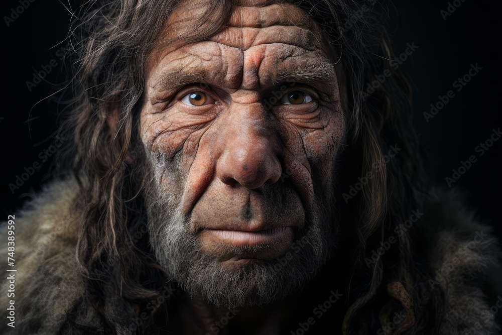 Heavy-browed Neanderthal man face. Primitive history old male portrait. Generate Ai Heavy-browed Neanderthal man face. Primitive history old male portrait. Generate Ai