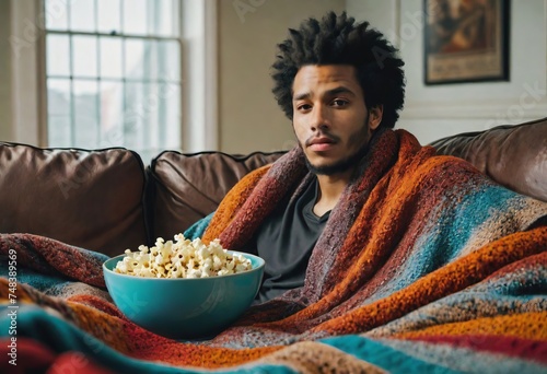 A smiling afroman enjoys a healthy breakfast of popcorn at a home table photo