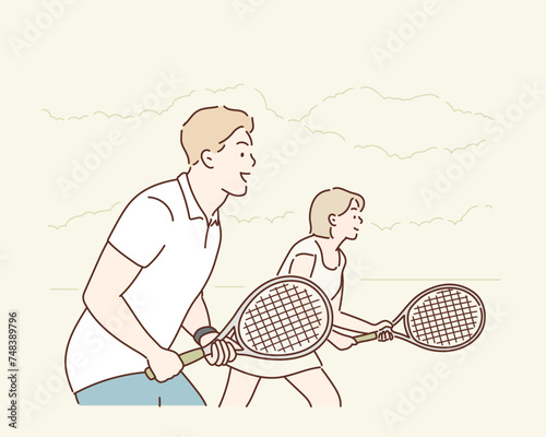 Lets play. Side view of beautiful young couple playing tennis on the tennis court. Hand drawn style vector design illustrations.