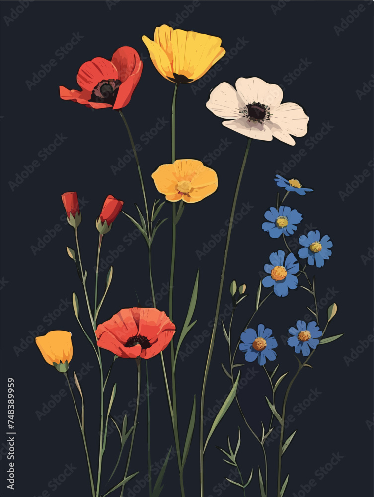 Fototapeta premium Vibrant Wildflowers Illustration on Dark Background