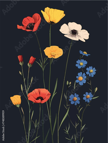 Vibrant Wildflowers Illustration on Dark Background