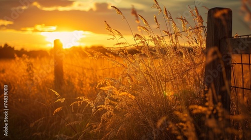 Golden grass by farm gate at sunset generative ai photo