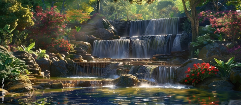 A painting showcasing a grand waterfall cascading down rocks in the midst of a lush botanical garden. Trees, flowers, and foliage surround the rushing water, creating a harmonious natural scene.