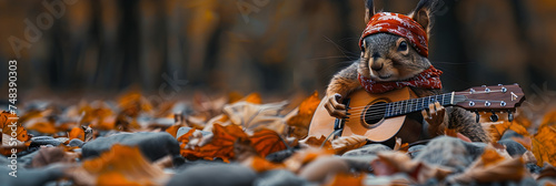 A squirrel with a bandana playing a guitar on a tree branch 