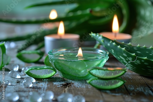 fresh aloe vera leaf and aloe gel with burning candles 