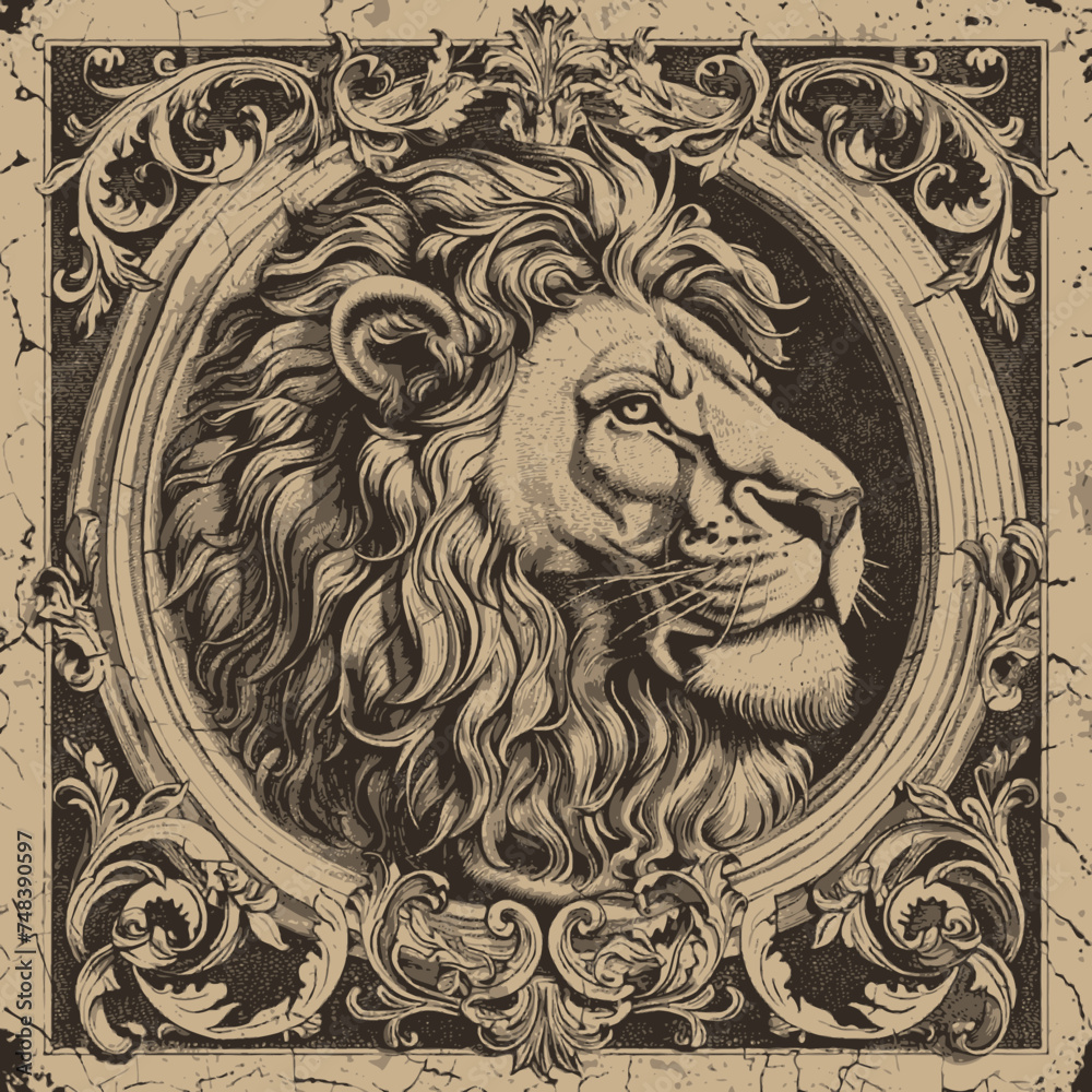 vintage lion with engraving style