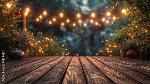 empty modern wooden terrace with abstract night light bokeh of night festival in garden  copy space for display of product or object presentation  vintage color tone. 