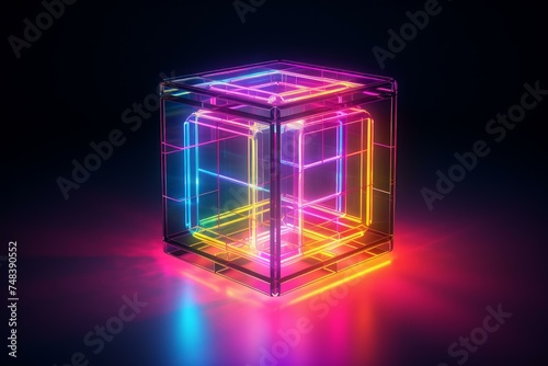 Mesmerizing Abstract neon cube. Glow light. Generate Ai