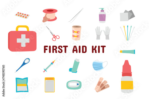 First Aid Kit Flat Vector Illustration Icon Sticker Set Design Materials
