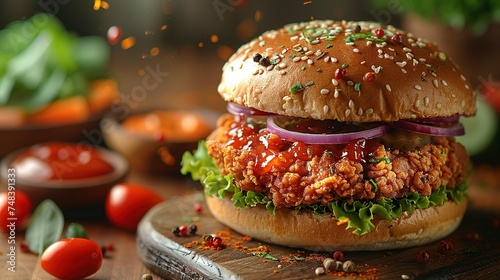 fresh crispy fried chicken burger sandwich with flying ingredients and spices hot ready to serve and eat food commercial advertisement menu banner with copy space area