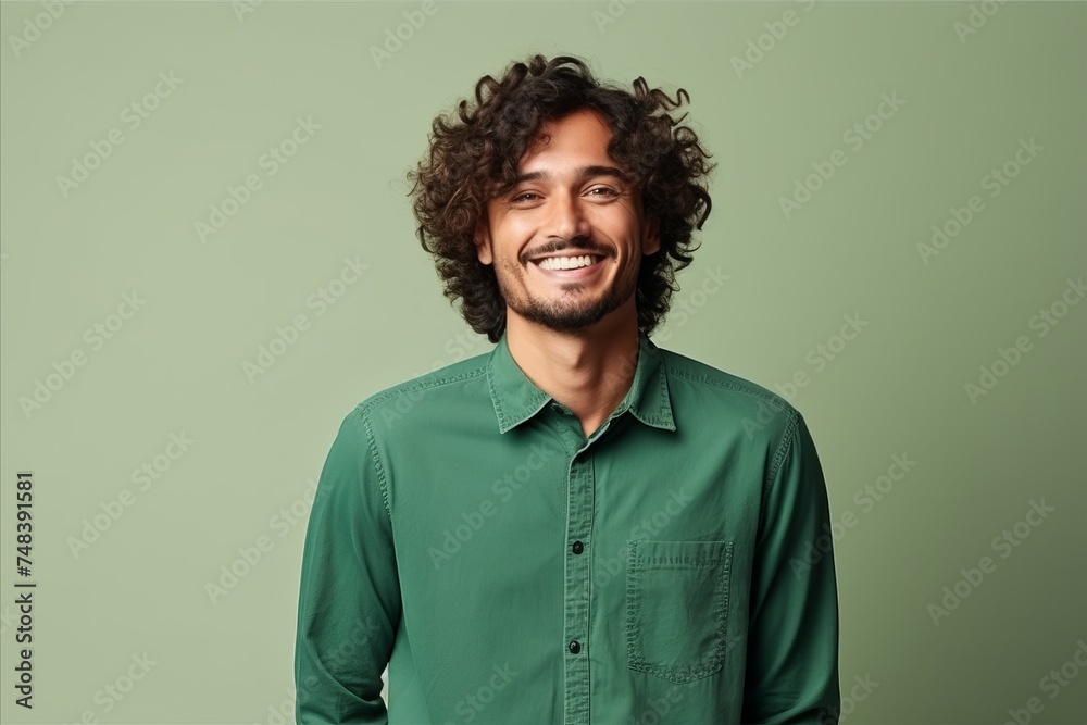 Portrait of a handsome young man with curly hair against green background Portrait of a handsome young man with curly hair against green background