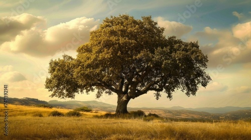majestic large tree with a yellow sunset sky in high resolution and high quality. concept tree, meadow, nature