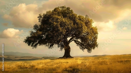 majestic big tree with a yellow sunset sky in high resolution