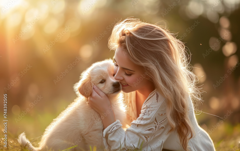 Beautiful young woman playing with a puppy. The dog plays in the park. A pet Beautiful young woman playing with a puppy. The dog plays in the park. A pet