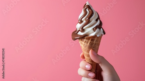 Soft ice cream cone with woman's hand holding chocolate and vanilla sauce dessert generative ai