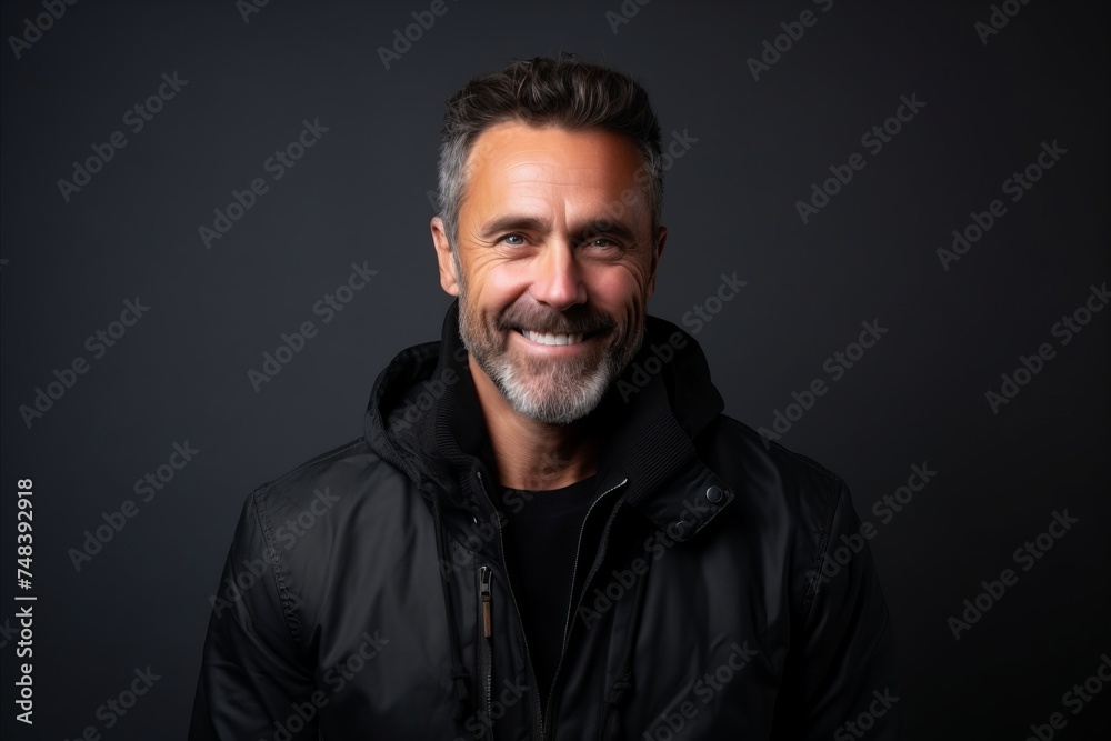 Handsome middle aged man with beard and mustache wearing a black leather jacket on a dark studio background