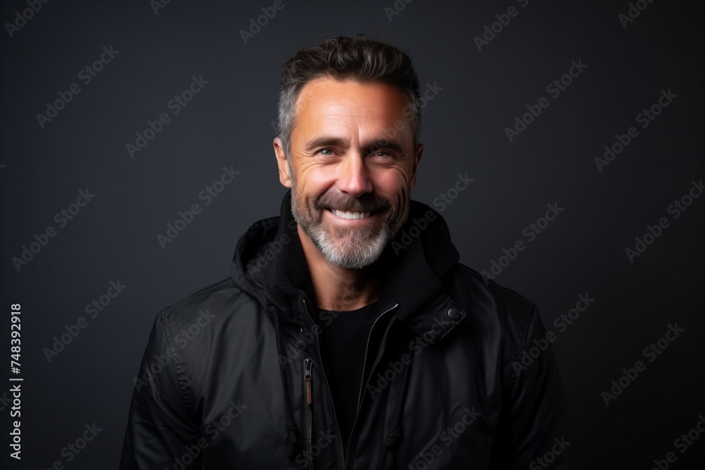 Handsome middle aged man with beard and mustache wearing a black leather jacket on a dark studio background Handsome middle aged man with beard and mustache wearing a black leather jacket on a dark studio background