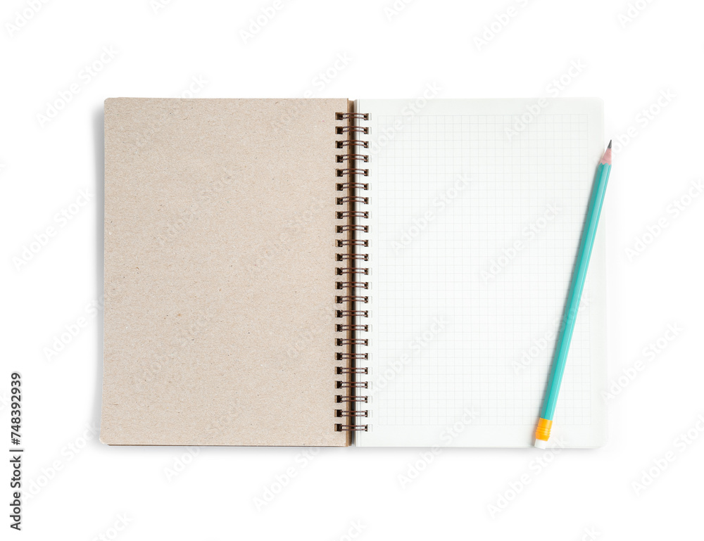 Notebook and pencil isolated on white, top view Notebook and pencil isolated on white, top view
