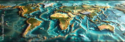 A Close-Up View of a World Map on a Blue Background, World Map on Blue Background with Countries and Oceans Clearly Marked 