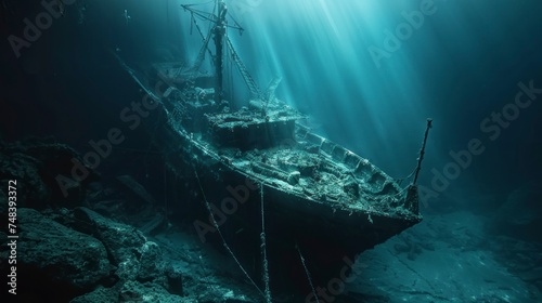 old ship sunk in the sea in the depths with good lighting with rust in high resolution and high quality. concept sunken ships,antiquity,sea,depths © Marco