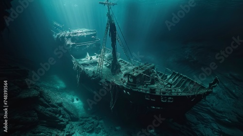 old ship sunk in the sea in the depths with good lighting with rust in high resolution and high quality. sunken ships concept