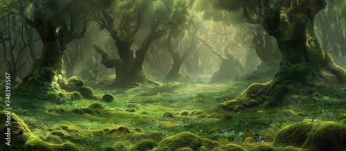 A dense green forest populated by a multitude of trees, with lush green moss covering the forest floor like an enchanting carpet. The scene resembles a fairy tale forest with intricate details woven