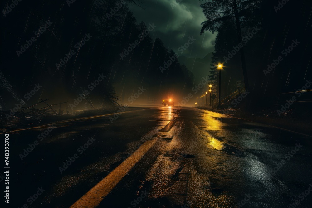 Dark Night roadwet. Scary travel scene. Generate Ai