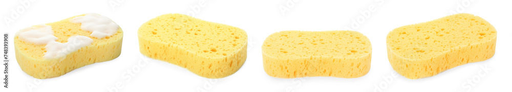 Different yellow sponges isolated on white, set