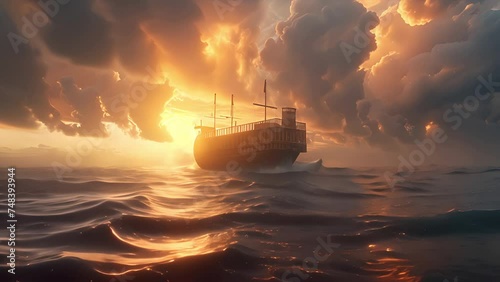 Wide shot of Noahs Ark floating on the great flood with the sun rising in the distance photo