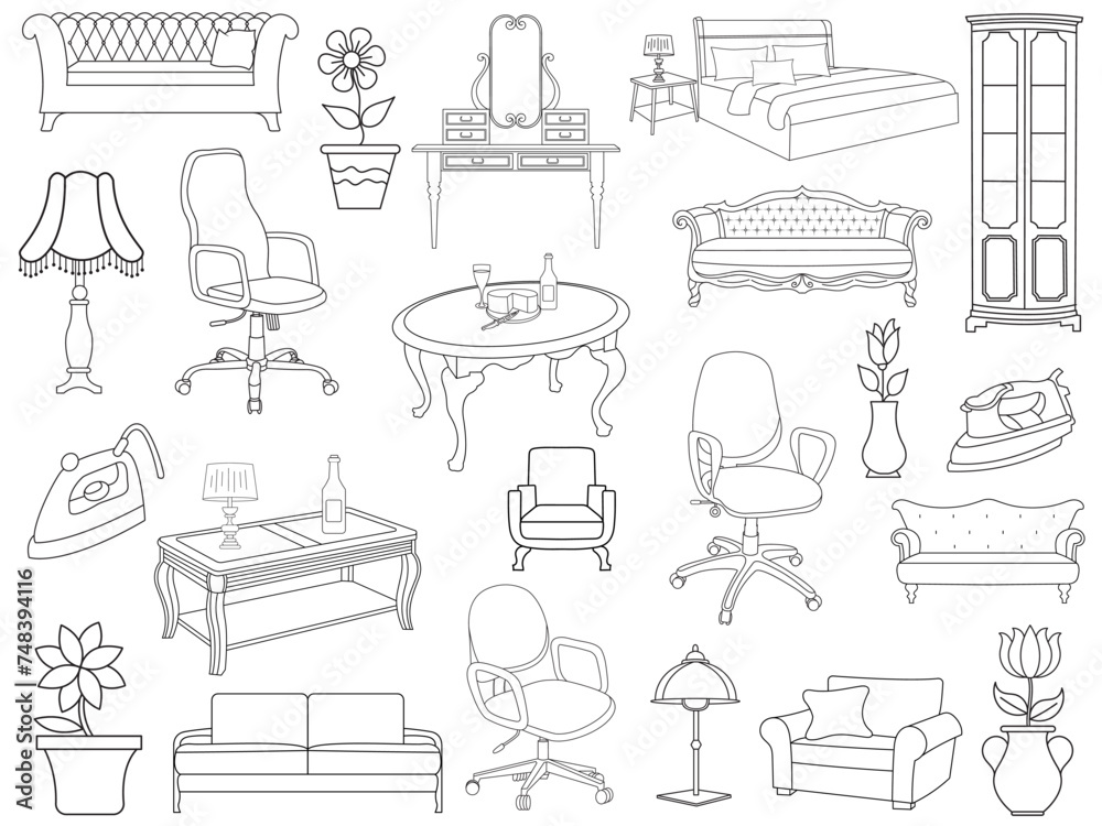 Collection of elegant modern furniture and home interior decorations of trendy. Kitchen, bedroom, sofa table, bookcase closet, chair, mattress, lamps, furniture vector illustration set.