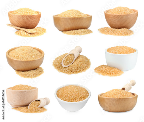 Granulated brown sugar isolated on white, set