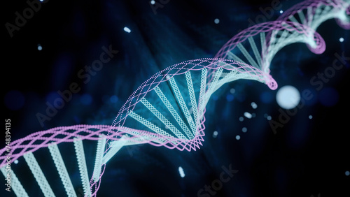 Animation of spinning dna structure, green and purple digital waves against black background.