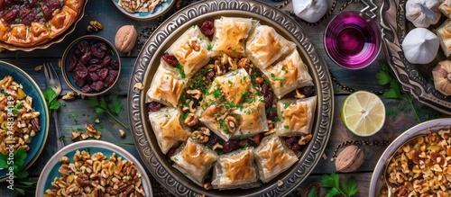 A table filled with a wide array of food items, including traditional baklava topped with walnuts and raisins, in a flat lay view.