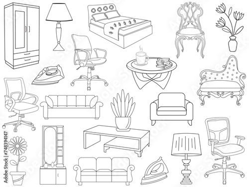 Collection of elegant modern furniture and home interior decorations of trendy. Kitchen, bedroom, sofa table, bookcase closet, chair, mattress, lamps, furniture vector illustration set.